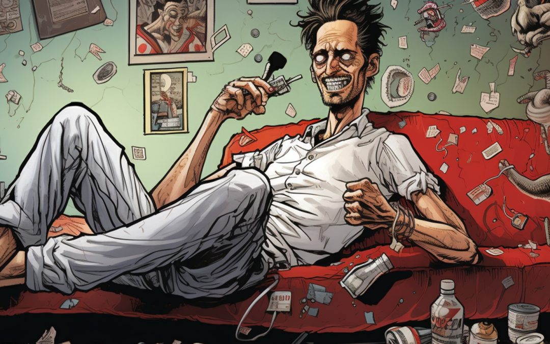 Illustration of a man on a couch in disarray, surrounded by prescription pills and drug paraphernalia, depicting the grip of pill addiction.