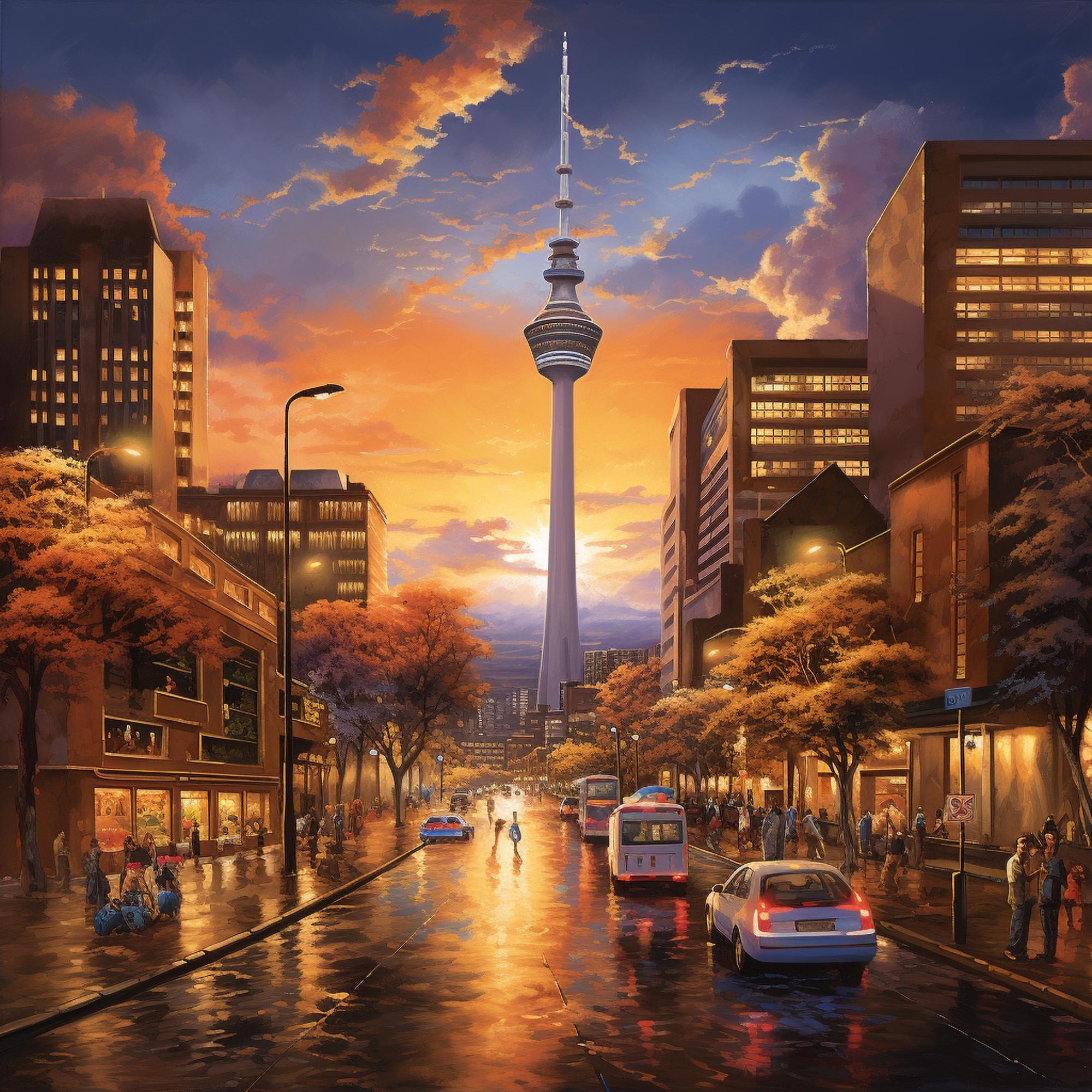 Vivid twilight scene on a lively Johannesburg street with Hillbrow Tower in the background, illustrating the city's vitality and urban charm.