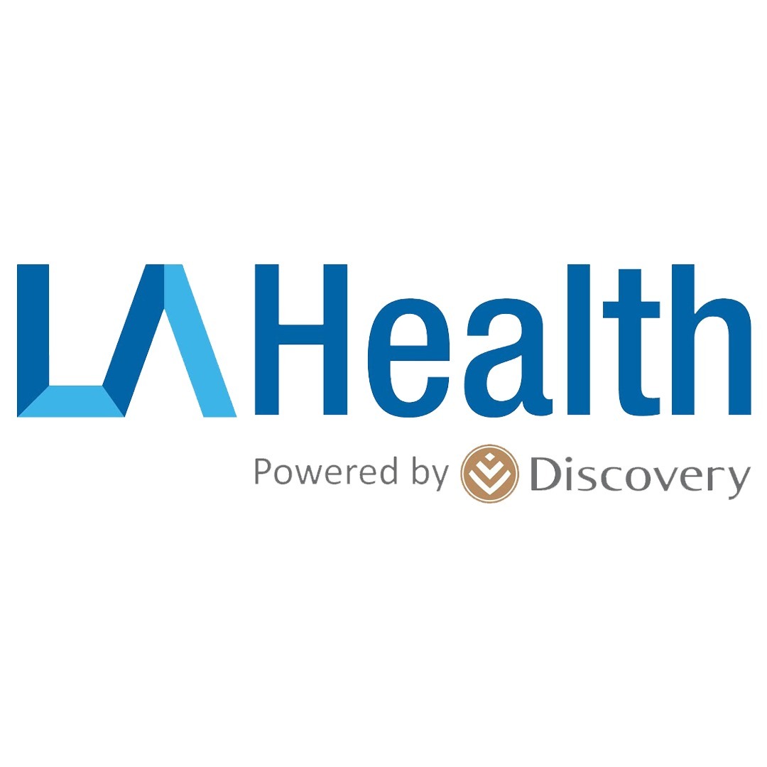 Logo of LA Health powered by Discovery, featuring a blue and white color scheme with the Discovery emblem.