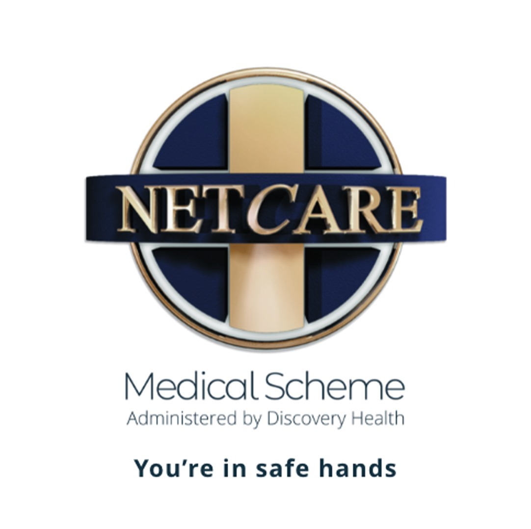 Logo of Netcare Medical Scheme, with a gold and blue cross within a circle, overlaid by a dark blue banner with "NETCARE" in gold letters, underlined by the tagline "You’re in safe hands" and noting administration by Discovery Health.