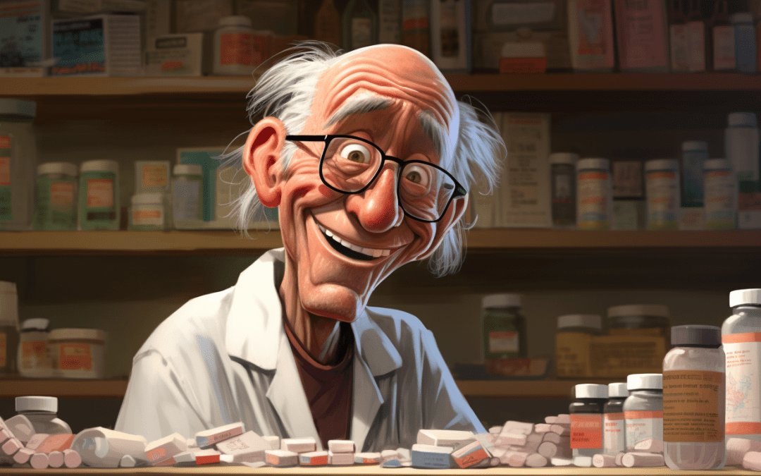 Cheerful elderly pharmacist with glasses surrounded by medicine shelves, symbolizing the role of medication management in dual diagnosis treatment.