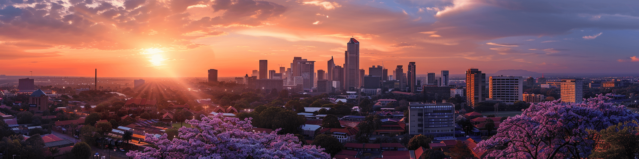 Sunset in Sandton with iconic jacaranda trees in bloom and city buildings silhouetted against a vibrant sky.